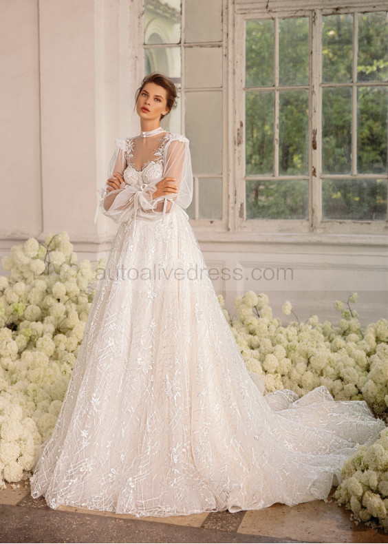 Ivory Beaded Lace Tulle Sparkly Stunning Wedding Dress